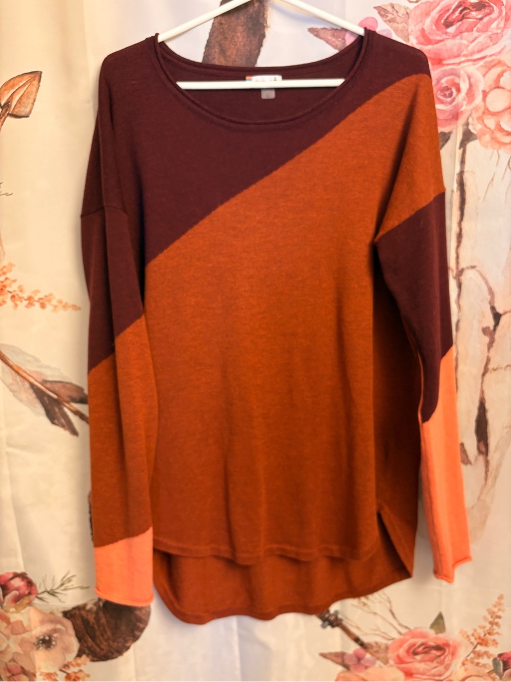 Large Smartwool Colorblock Long Sleeve Top in Rust, Burgundy & Coral